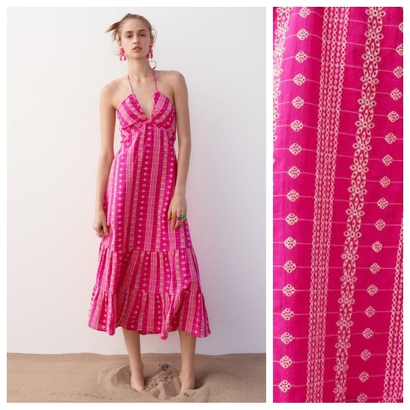 NWT. Zara Fuchsia Openwork Embroidered Midi Dress. Size L. - Picture 1 of 13